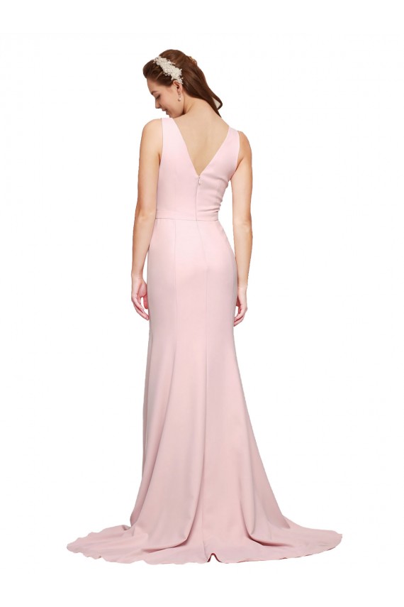 Affordable Sleeveless V-Neck Stretch Crepe Pink Sweep Train V-Back Prom Dress Canada