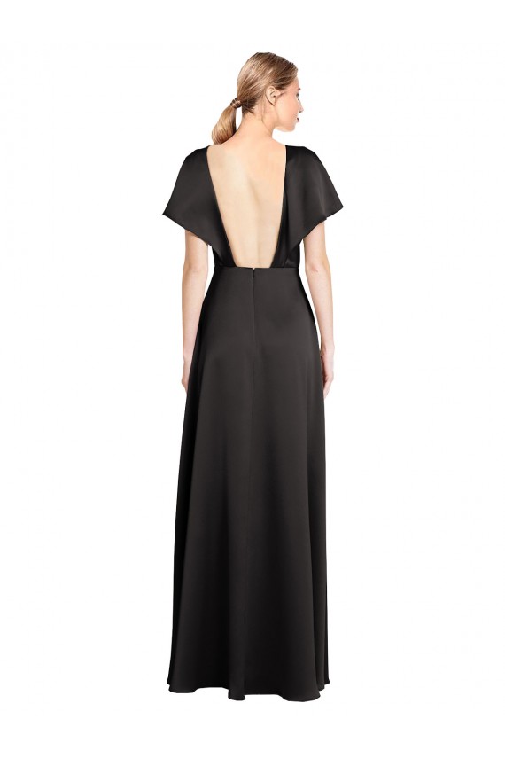 Affordable Cap Sleeves V-Neck Stretch Satin Black Long Open Back Prom Dress Canada