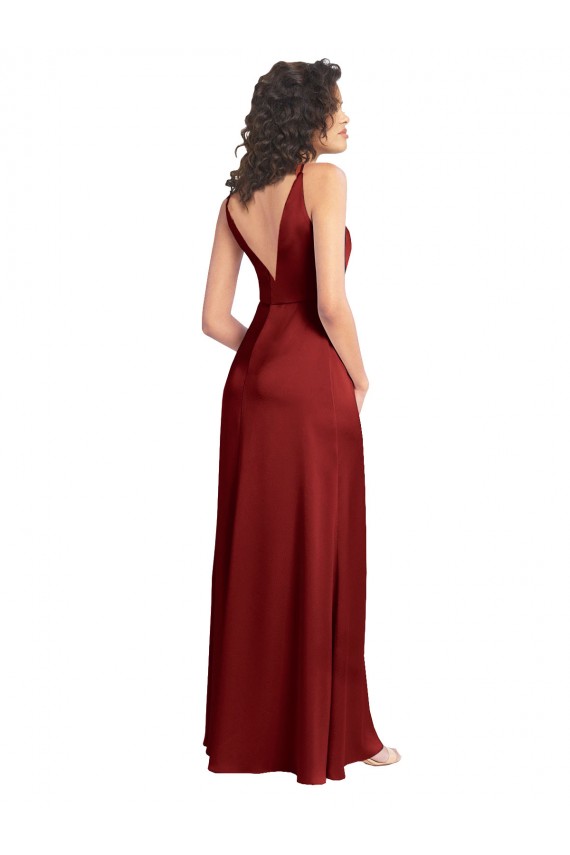 Affordable Sleeveless V-Neck Stretch Satin Burgundy Long Prom Dress Canada