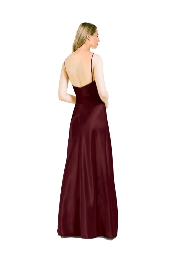 Affordable Sleeveless Spaghetti Straps Stretch Satin Burgundy Gold Long Prom Dress Canada