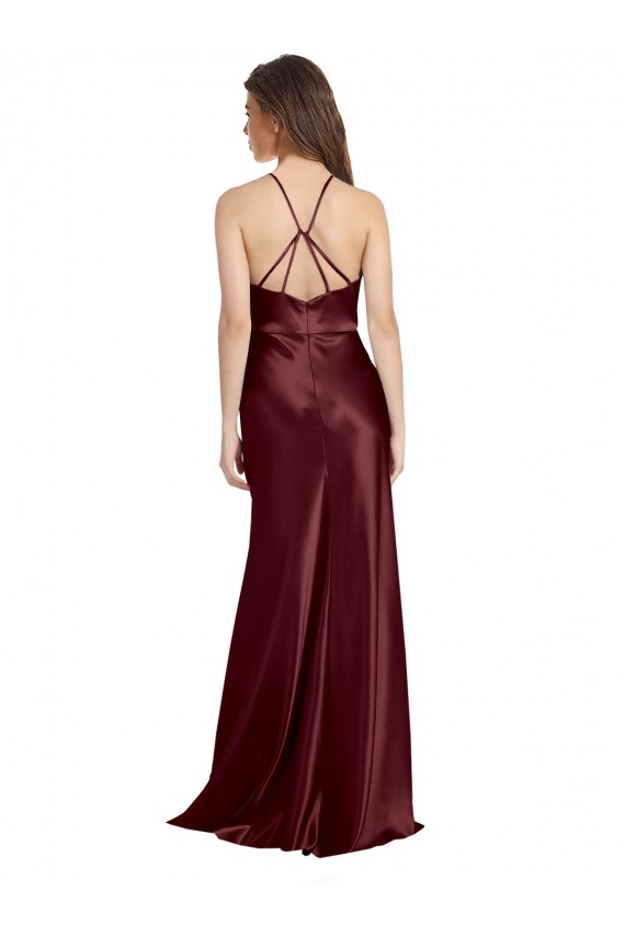 Affordable Sleeveless V-Neck Stretch Satin Burgundy Gold Long Prom Dress Canada