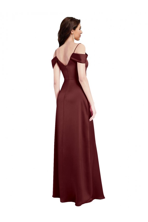 Affordable Sleeveless Off the Shoulder Stretch Satin Burgundy Gold Long Prom Dress Canada