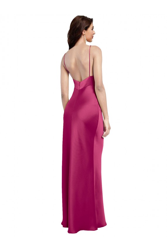 Affordable Sleeveless V-Neck Stretch Satin Fuchsia Long Prom Dress Canada