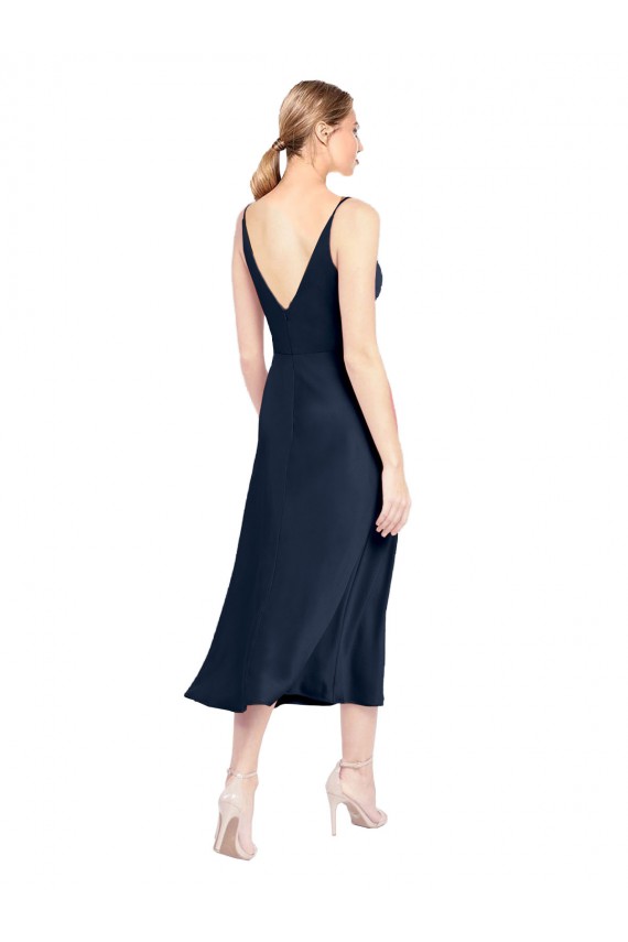 Affordable Sleeveless V-Neck Stretch Satin Dark Navy Midi Length Prom Dress Canada