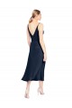 Affordable Sleeveless V-Neck Stretch Satin Dark Navy Midi Length Prom Dress Canada