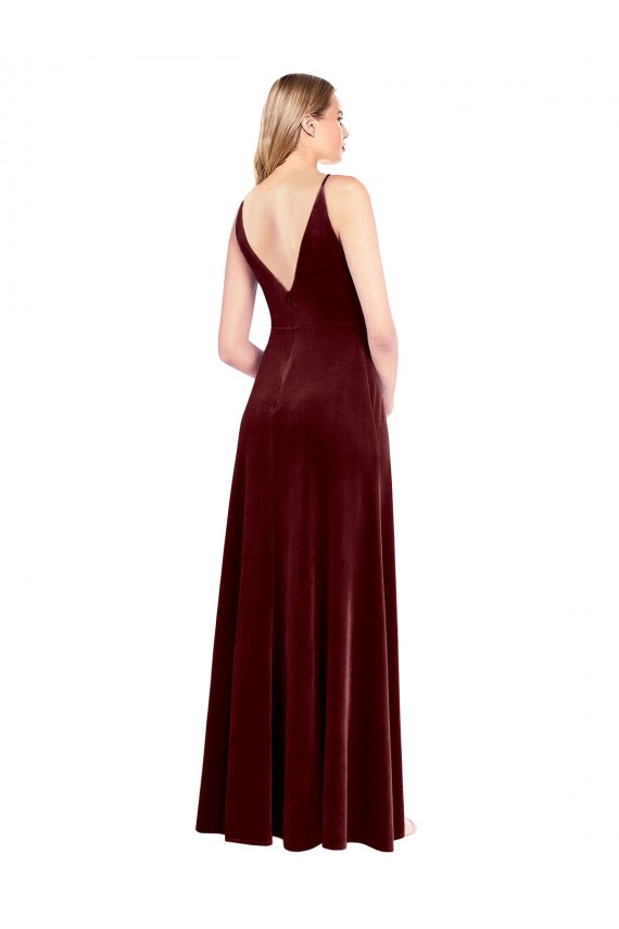 Affordable Sleeveless V-Neck Stretch Velvet Burgundy Long Black Tie Prom Dress Canada