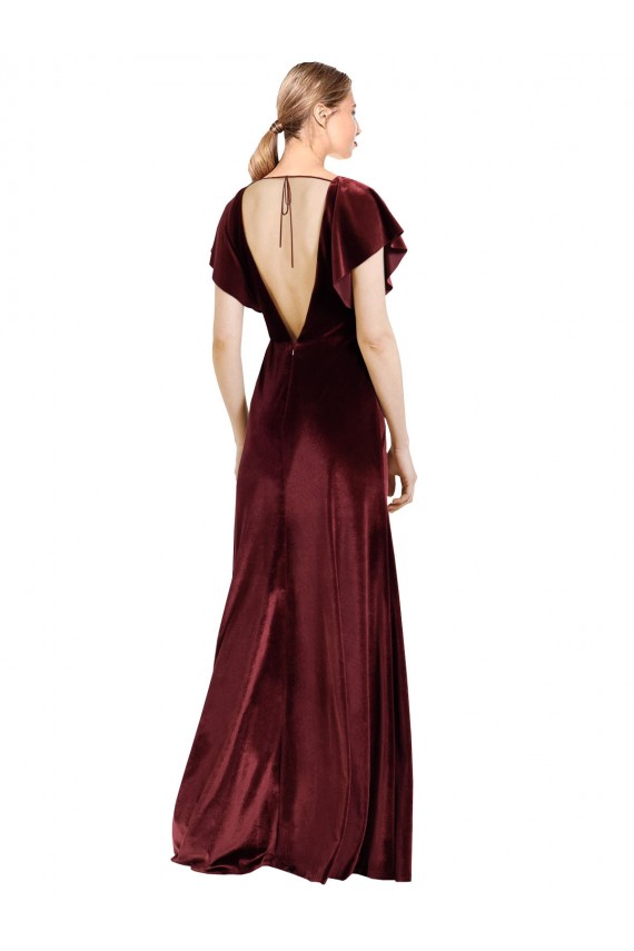 Affordable Flutter Sleeves V-Neck Stretch Velvet Burgundy Long Open Back Prom Dress Canada