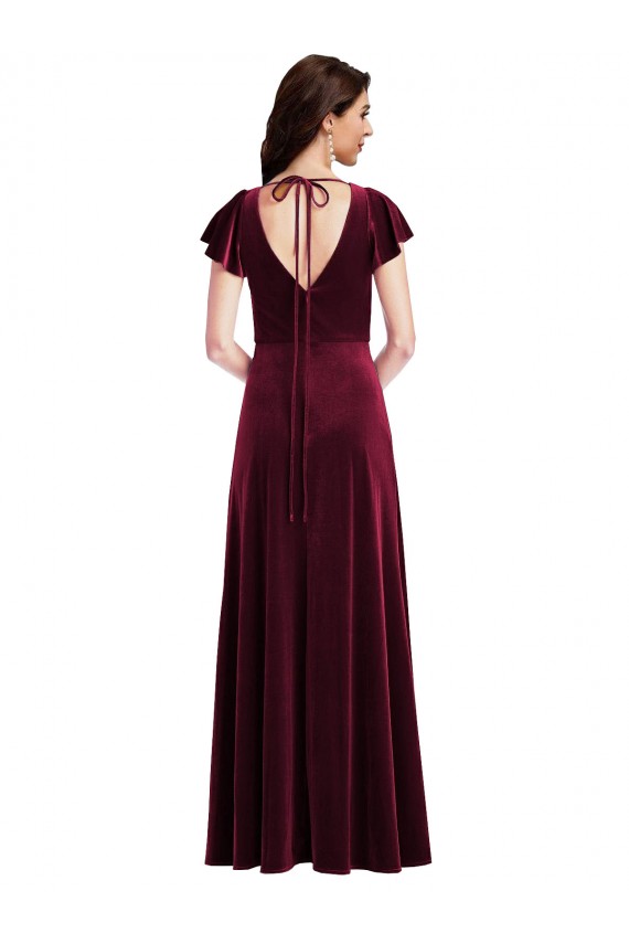 Affordable Flutter Sleeves V-Neck Stretch Velvet Burgundy Long Prom Dress Canada