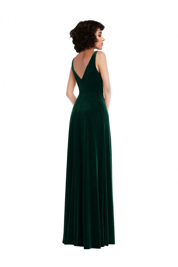 Affordable Sleeveless V-Neck Stretch Velvet Dark Green Long V-Back Prom Dress Canada