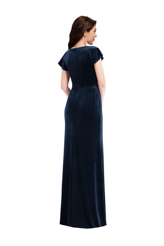 Affordable Flutter Sleeves V-Neck Stretch Velvet Dark Navy Long Prom Dress Canada