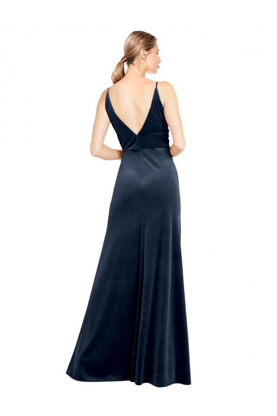 Affordable Sleeveless V-Neck Stretch Velvet Dark Navy Long Prom Dress Canada
