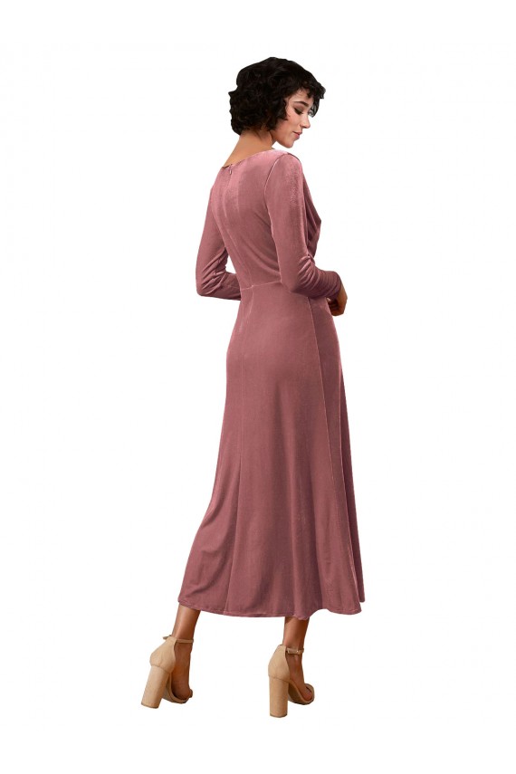 Affordable Long Sleeves V-Neck Stretch Velvet Cinnamon Rose Midi Length Black Tie Prom Dress Canada