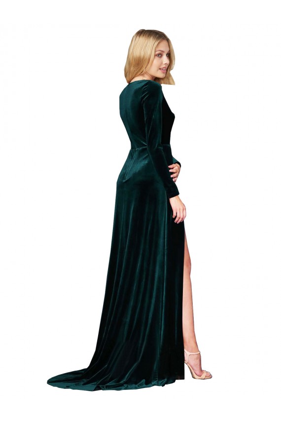 Affordable Long Sleeves V-Neck Stretch Velvet Dark Green Sweep Train Black Tie Prom Dress Canada