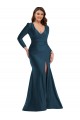 Affordable Long Sleeves V-Neck Silky Satin Atlantic Blue Long Plus Size Formal Prom Dress Canada