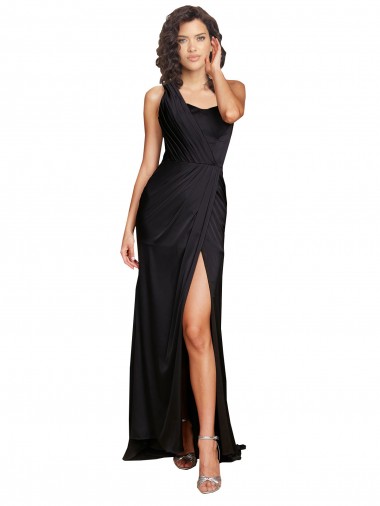 Affordable Sleeveless One Shoulder Silky Satin Black Long Prom Dress Canada