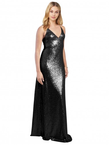 Affordable Sleeveless V-Neck Sequin Black Long Prom Dress Canada