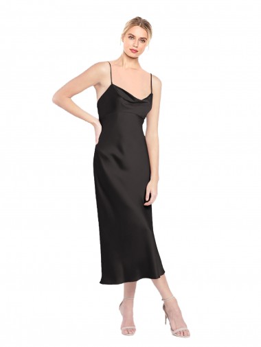 Affordable Sleeveless Cowl Neck Stretch Satin Black Midi Length Prom Dress Canada