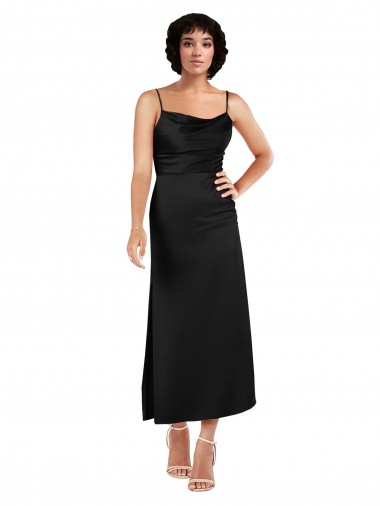 Affordable Sleeveless Cowl Neck Silky Satin Black Tea Length Prom Dress Canada