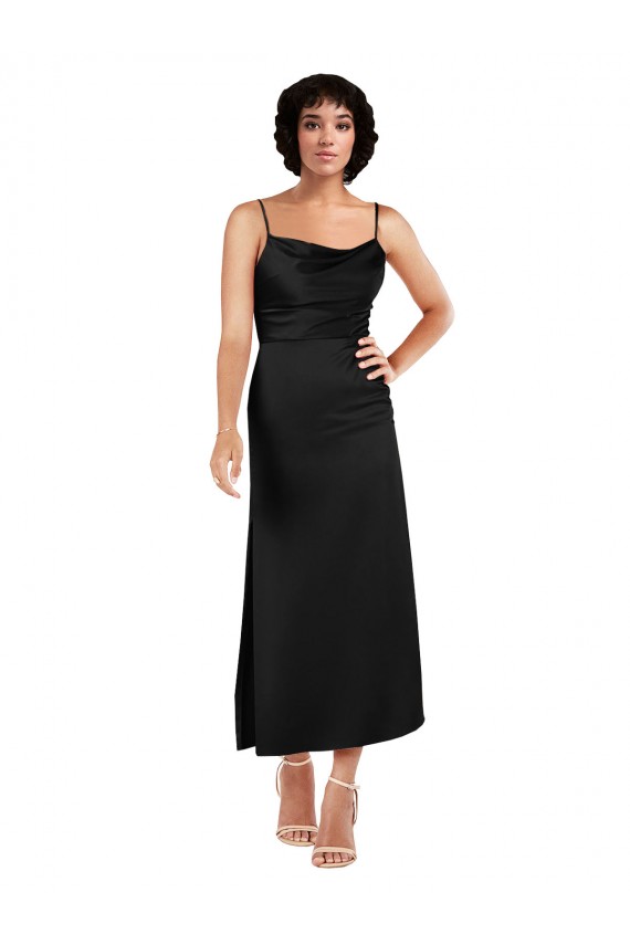 Affordable Sleeveless Cowl Neck Silky Satin Black Tea Length Prom Dress Canada
