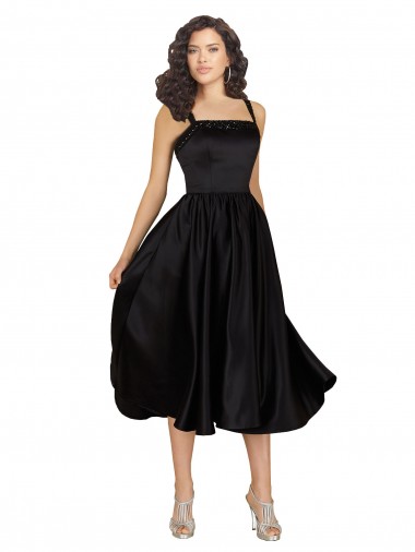 Affordable Sleeveless Square Neck Satin Black Knee Length Prom Dress Canada