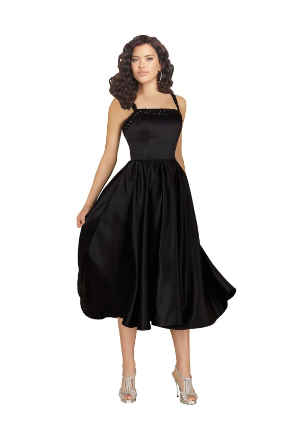 Affordable Sleeveless Square Neck Satin Black Knee Length Prom Dress Canada
