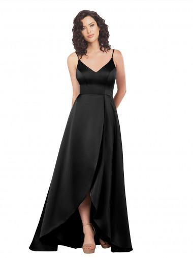 Affordable Sleeveless V-Neck Silky Satin Black Long High Low Prom Dress Canada
