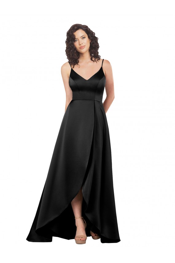Affordable Sleeveless V-Neck Silky Satin Black Long High Low Prom Dress Canada