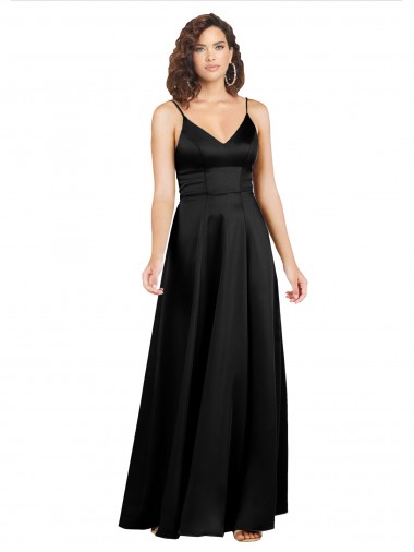 Affordable Sleeveless V-Neck Silk like Satin Black Long V-Back Prom Dress Canada