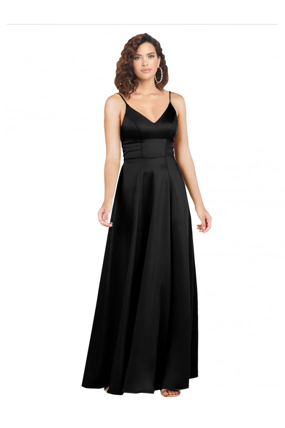 Affordable Sleeveless V-Neck Silk like Satin Black Long V-Back Prom Dress Canada