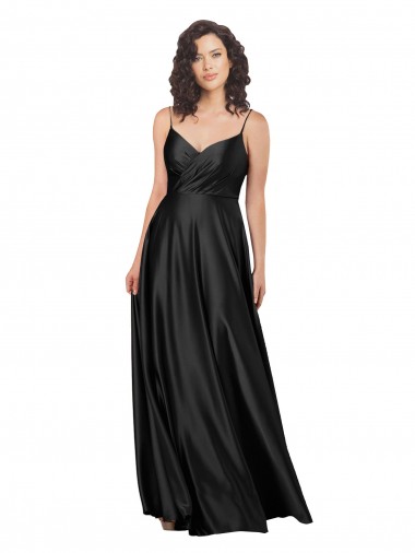 Affordable Sleeveless V-Neck Silk like Satin Black Long Low Back Prom Dress Canada