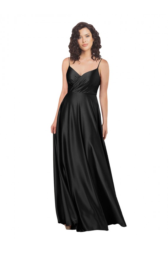 Affordable Sleeveless V-Neck Silk like Satin Black Long Low Back Prom Dress Canada
