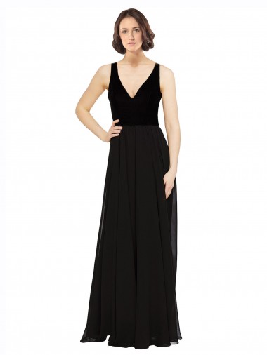 Affordable Sleeveless V-Neck Soft Chiffon & Velvet Black Long Prom Dress Canada