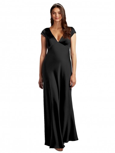 Affordable Cap Sleeves V-Neck Stretch Satin Black Long Prom Dress Canada