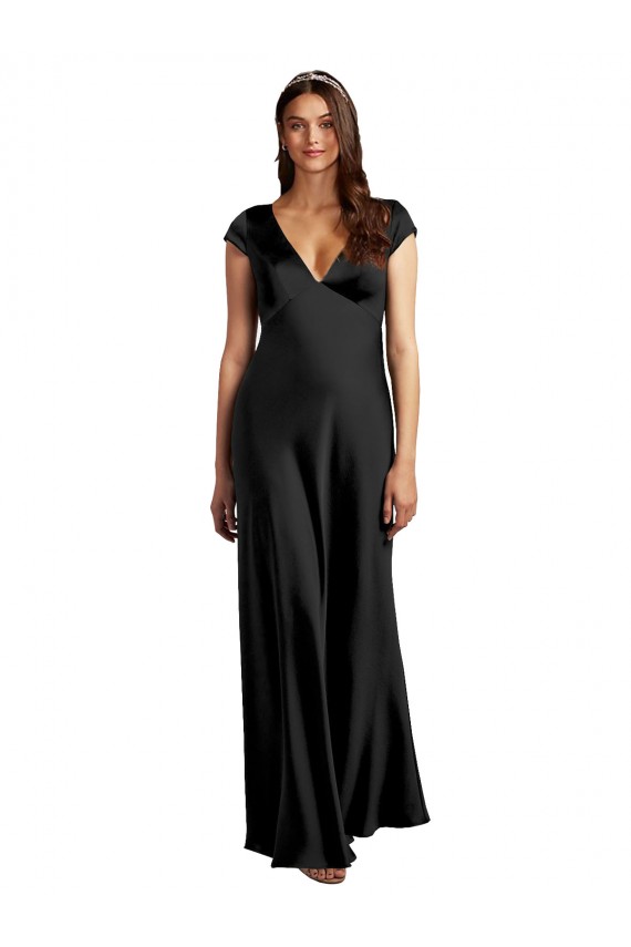 Affordable Cap Sleeves V-Neck Stretch Satin Black Long Prom Dress Canada