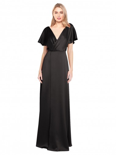 Affordable Cap Sleeves V-Neck Stretch Satin Black Long Open Back Prom Dress Canada