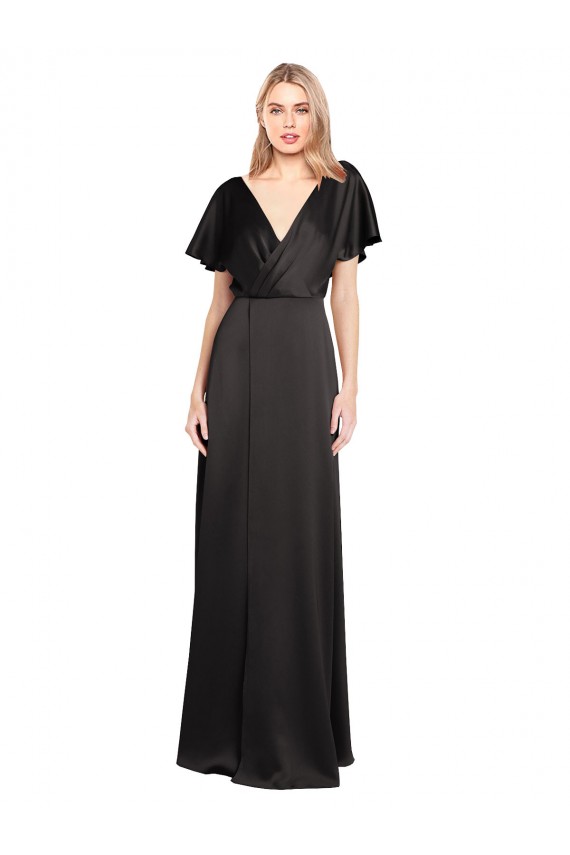 Affordable Cap Sleeves V-Neck Stretch Satin Black Long Open Back Prom Dress Canada