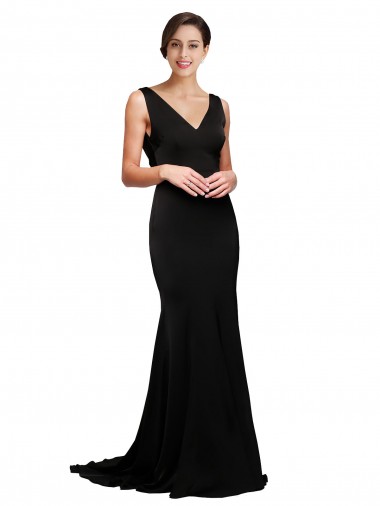 Affordable Sleeveless V-Neck Silky Satin Black Sweep Train Prom Dress Canada