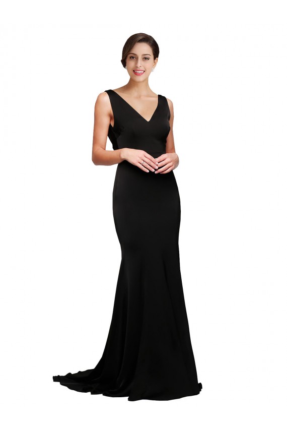 Affordable Sleeveless V-Neck Silky Satin Black Sweep Train Prom Dress Canada