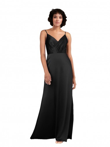 Affordable Sleeveless V-Neck Silky Satin Black Column Long Prom Dress Canada