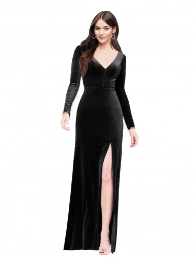 Affordable Long Sleeves V-Neck Stretch Velvet Black Long Prom Dress Canada