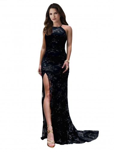 Affordable Sleeveless High Neck Lace Black Long Black Tie Prom Dress Canada