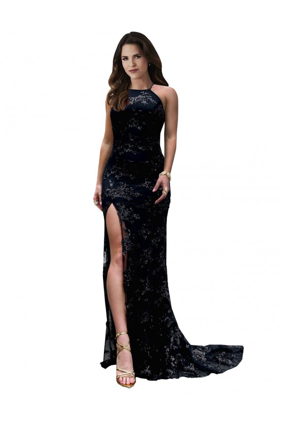 Affordable Sleeveless High Neck Lace Black Long Black Tie Prom Dress Canada