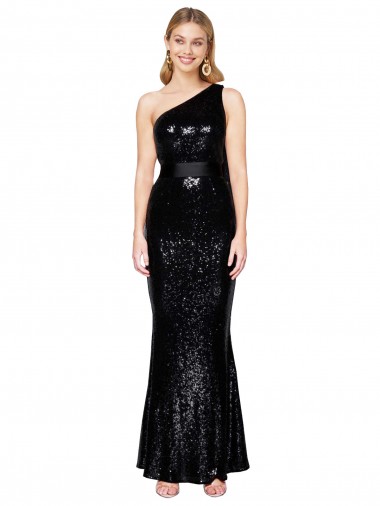 Affordable Sleeveless One Shoulder Sequin Black Long Prom Dress Canada