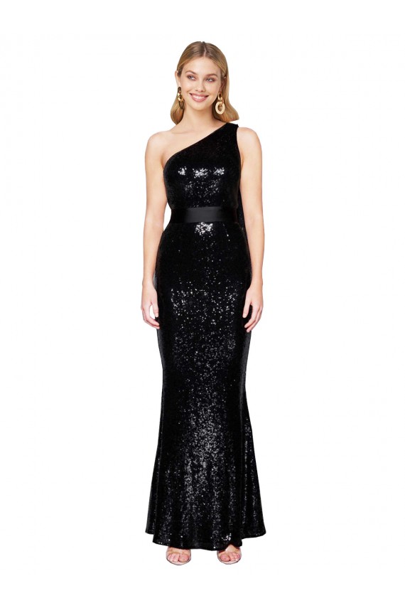 Affordable Sleeveless One Shoulder Sequin Black Long Prom Dress Canada