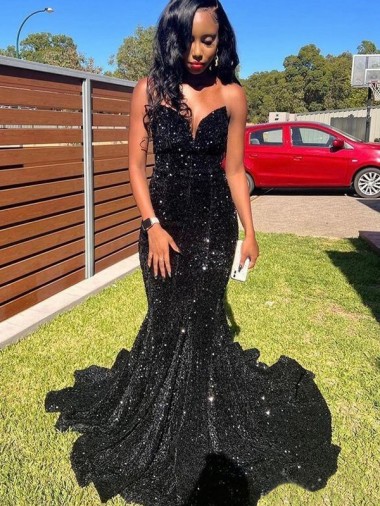 Affordable Sleeveless Sweetheart Velvet Sequin Black Long Prom Dress Canada
