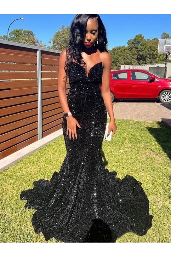 Affordable Sleeveless Sweetheart Velvet Sequin Black Long Prom Dress Canada