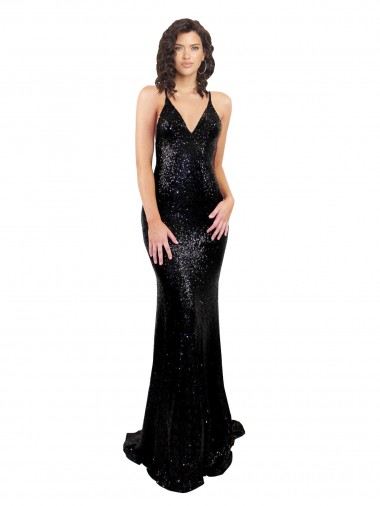 Affordable Sleeveless V-Neck Sequin Black Long Black Tie Prom Dress Canada