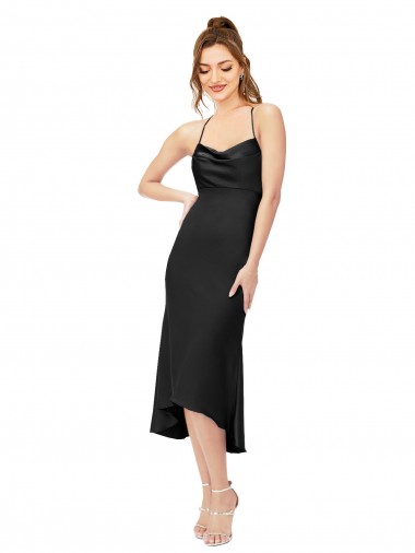 Affordable Sleeveless Cowl Neck Silky Satin Black Midi Length High Low Prom Dress Canada