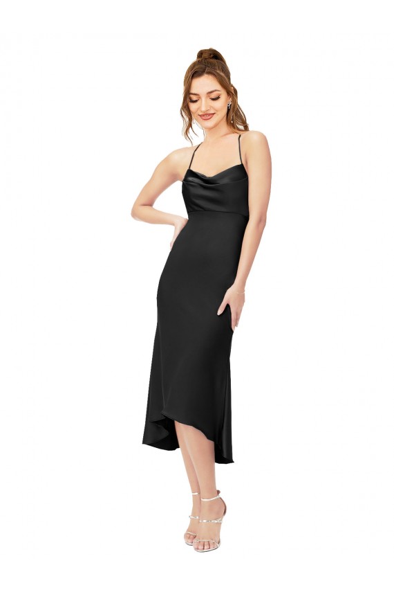 Affordable Sleeveless Cowl Neck Silky Satin Black Midi Length High Low Prom Dress Canada