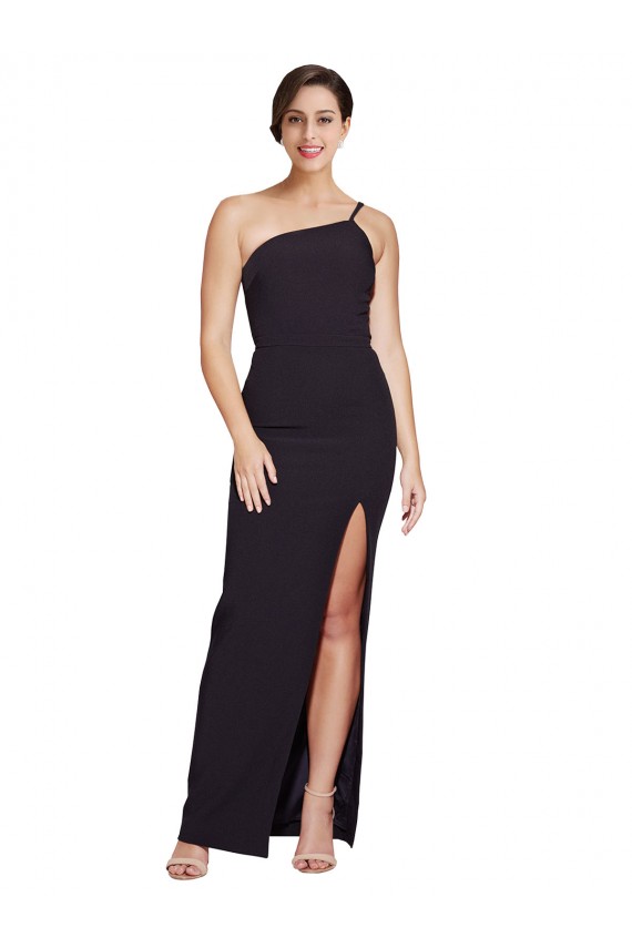 Affordable Sleeveless One Shoulder Stretch Crepe Black Long Prom Dress Canada